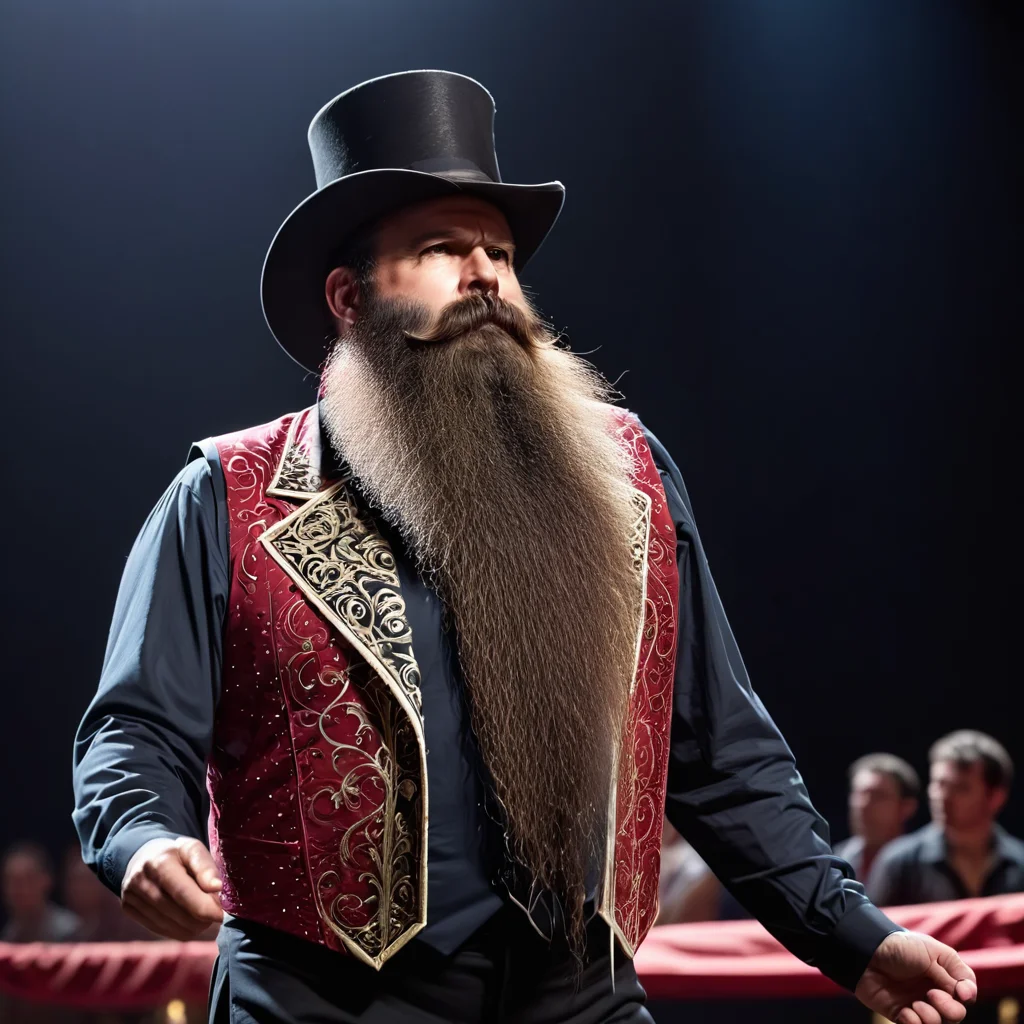 (powerbeard: 1.5), bara,dark hair, tall, skinny, circus manager, showman, performance, flamboyant, big top, BREAK blurred audience in dark background, shadows <lora:Power_Beards:1.>