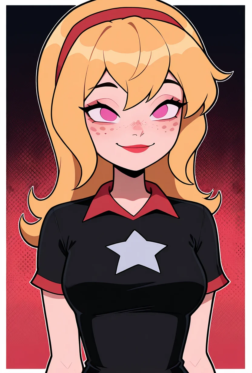 <lora:lucybig:1>, lucybig, long hair, blonde hair, red hairband, pink eyes, lipstick, smile, short sleeves, star (symbol), short dress, black dress, freckles,  red theme,, masterpiece, best quality, amazing quality, very aesthetic, absurdres, newest,, upper body, halftone effect, white borders, abstract background:1.2,
