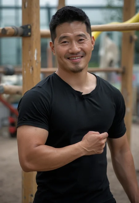 (((htkangface))), (((solo))), east Asian face, daddy, natural face expression, Photorealistic, realistic, masterpiece, intricate details, detailed background, depth of field, photo of a handsome, dynamic pose, natural face expression, high detail, high quality, Movie Still, Film Still, Cinematic, Cinematic Shot, Cinematic Lighting, ring, (((pectoral))), (((virility))), 4k, highly detailed . 35mm photograph, film, masterpiece, 4k,professional, 4k, highly detailed, ((big remarkable nipples)), (((covered nipples))), ((huge nipples)),(((sweaty))), (((in playground))), (((wearing black tshirt and pants))), (((confident daddy smile))), sweaty, daddy smile, Showing off muscle, close up portrait