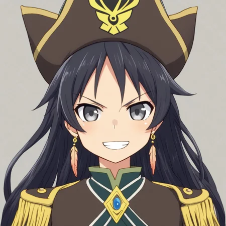 mana_sk style, portrait, focus on face, a daring pirate girl with long, wavy black hair and mischievous gray eyes, wearing a tricorn hat with a feather and a gold earring, a confident grin that reveals her adventurous nature, hints of ocean spray and distant ship masts in the background, Japanese RPG style, bold and seafaring atmosphere, intricate details on her hat and expression