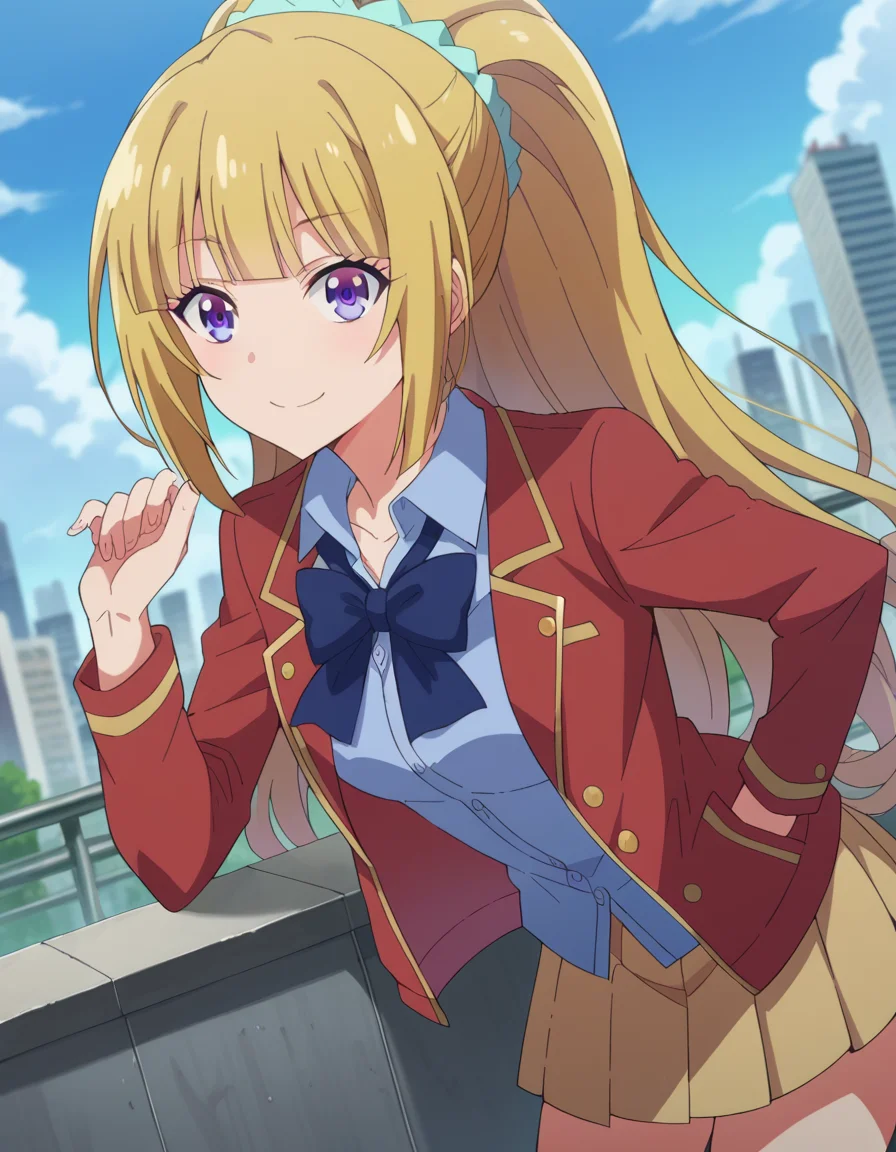 score_9, score_8_up, score_7_up, source_anime, 
keikaruizawa, <lora:kei-karuizawa-anime-s2-ponyxl-lora-nochekaiser:1>, 
kei karuizawa, long hair, bangs, blunt bangs, purple eyes, blonde hair, shirt, hair ornament, ponytail, scrunchie, blue scrunchie, smile, 
skirt, shirt, bow, school uniform, jacket, red jacket, pleated skirt, bowtie, sweater, blue bow, blue shirt, 
outdoors, cityscape, bent over,
looking at viewer, cowboy shot, dutch angle,