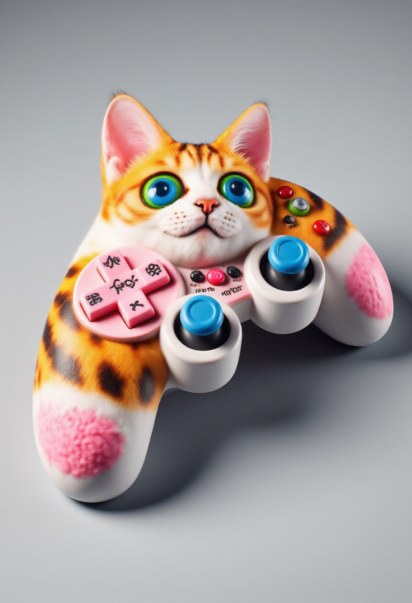 <lora:Player_2_Game_Console_Controller_FLUX-000019:1>
This is a high-resolution photograph of a colorful, custom-designed video game controller. The controller is styled to resemble a cat.