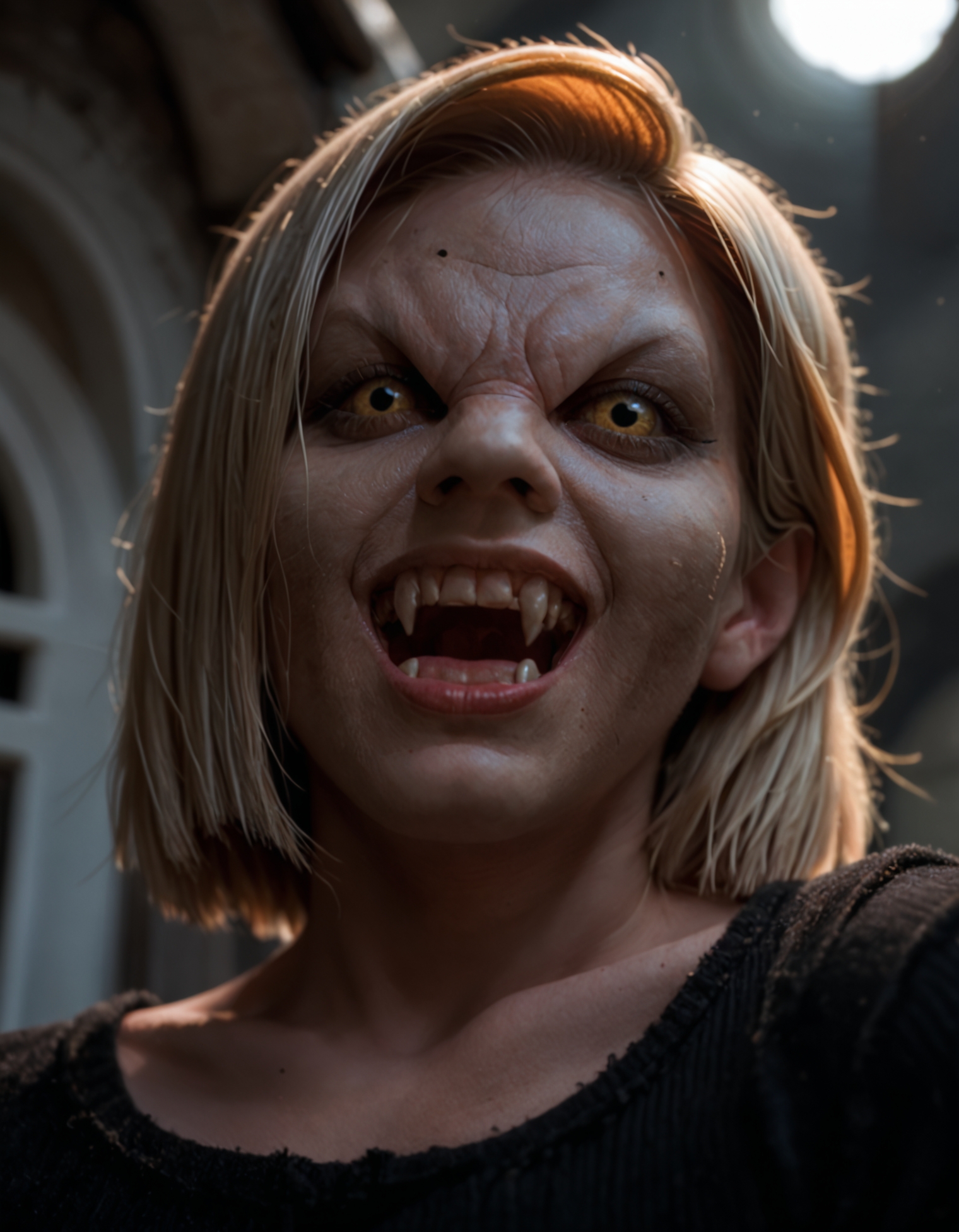 score_9,score_8_up,score_7_up,vmp,1girl,android_18,blonde hair,from below,medium hair,yellow eyes,teeth,fangs,solo focus,looking at viewer,photo,realistic,cemetery,horror,dramatic lighting,chiaroscuro,depth of field,cinematic,standing
