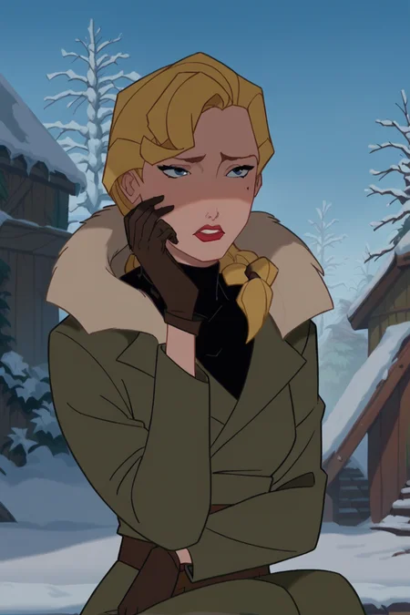 score_9, score_8_up, score_7_up, source_cartoon, <lora:ATlantis:0.9>,helga sinclair, blonde hair, blue eyes, mole, mole under eye, long hair, red lips, lipstick, braid, makeup, medium breasts,fur headwear, fur coat, black turtleneck,green pants, black gloves, sad, regret, sitting, hand on face, snow, outdoors, solo, best quality, high quality, 2d, cartoon