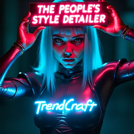 A highly artistic, cyberpunk-inspired close-up portrait focusing on the upper half of a hybrid cyborg woman , blending lifelike human features with futuristic robotics. She exudes confidence and warmth, her glowing neon-blue hair framing her face as she holds a radiant neon sign above her head that reads 'THE PEOPLE'S STYLE DETAILER ' in bold, futuristic typography. Centered across her chest area, the glowing neon logo 'TrendCraft' pulses softly, styled in sleek angular letters. Both text elements feature neon outlines and inner glows to ensure crisp visibility, even as a thumbnail.