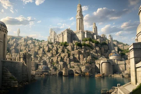 (masterpiece:1.2), (best quality,:1.2), 8k, HDR, ultra detailed, ((photorealistic)), professional light, cinematic lighting, fashion photography, ambient lighting, atmospheric effects, Numenor, a medieval fantasy harbour, some big ships, big statues, towers, walls, <lora:Numenor-10:1>, in the style of Middle Earth, Tolkien, Minas Tirith, epiCPhoto