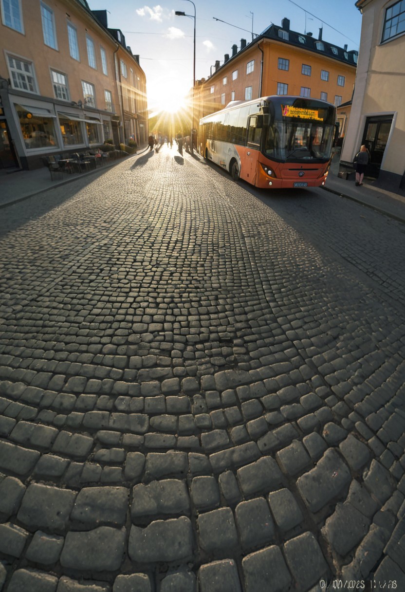 randshadscree, photograph, evening, sunshine, backlit, lens flare, fish eye, dutch angle, lens flare, silhouette,
bus,
old town, scandinavian, cobblestone, potted plants, partially cloudy,