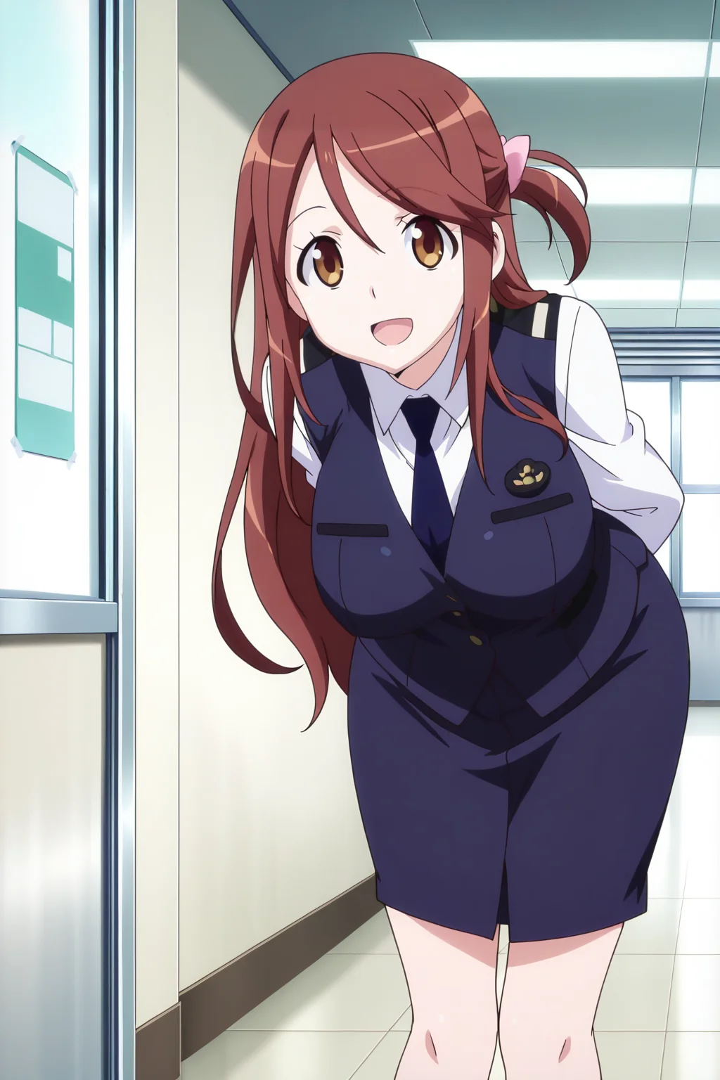 anime screenshot, anime coloring, iida nana, 1girl, solo, brown hair, long hair, one side up, hair bow, pink bow, brown eyes, large breasts, police uniform, blue vest, white shirt, collared shirt, long sleeves, blue skirt, pencil skirt, blue necktie, looking at viewer, smile, open mouth, leaning forward, arms behind back, cowboy shot, indoors, office, masterpiece, best quality, high quality, highres, absurdres, <lora:iida_nana_ILXL_v2:0.9>