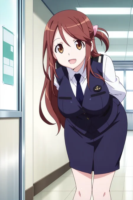 anime screenshot, anime coloring, iida nana, 1girl, solo, brown hair, long hair, one side up, hair bow, pink bow, brown eyes, large breasts, police uniform, blue vest, white shirt, collared shirt, long sleeves, blue skirt, pencil skirt, blue necktie, looking at viewer, smile, open mouth, leaning forward, arms behind back, cowboy shot, indoors, office, masterpiece, best quality, high quality, highres, absurdres, <lora:iida_nana_ILXL_v2:0.9>