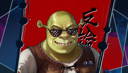 score_9, score_8_up, score_7_up, objection, upper body, multicolored background, red background, kanji,  <lora:Danganronpa3ObjectionCutIn_pdxl_Incrs_v1:1.1>, <lora:Shrek_XLPD:0.85> shrek, green skin <lora:DealWithIt_XLPD:1> IncrsXLDealWithIt, sunglasses, smirk,