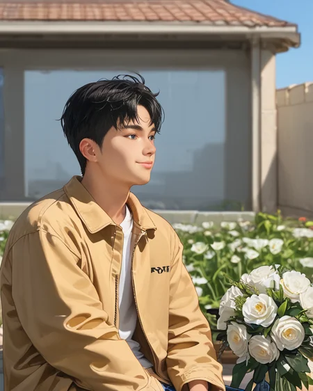 score_9, score_8_up, score_7_up, Korean, <lora:Expressive_H:1>, ((handsome young cute man:1.2, light skin)), ((21yo)),(focus male, solo:1.1), masterpiece, best quality,
The image features a young man sitting on the edge of a rock with a relaxed posture. He is dressed in a casual outfit that consists of beige trousers and a matching beige jacket. Underneath the jacket, a white t-shirt is visible. The man is holding a small bouquet of flowers, which he seems to be presenting or offering.
BREAK, He is smiling and looking directly towards the camera, conveying a sense of joy or anticipation. The man has short, dark hair and appears to be in his late teens or early twenties. The background of the image is out of focus but suggests an outdoor setting with architectural features like a building and a structure with a corrugated metal roof.
BREAK, The style of the image is candid and appears to be a lifestyle or fashion photograph, with shallow depth of field that keeps the person in sharp focus while the background fades into soft colors. The lighting is bright and even, suggesting a sunny day. There are no texts visible in the image.
<lora:tae_dong-000018:1>, tae_dong