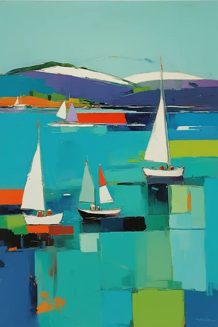 <lora:Raimonds Staprans Style:1>Raimonds Staprans Style - 102066. A painting by Raimonds Staprans. A painting of the Sound of Mull and Tobermory illustrates the enchanting vistas and diverse landscape of this Scottish island in the Inner Hebrides through a captivating blend of Cubist and Fauvist styles. The vibrant scene depicts sailboats gliding through the crystal-clear waters of the Sound of Mull, framed by the colorful harborfront buildings of Tobermory and the lush, forested hills in the background, portrayed in fragmented shapes and brilliant colors. The composition conveys a sense of wonder and the magical charm of sailing in this picturesque location.