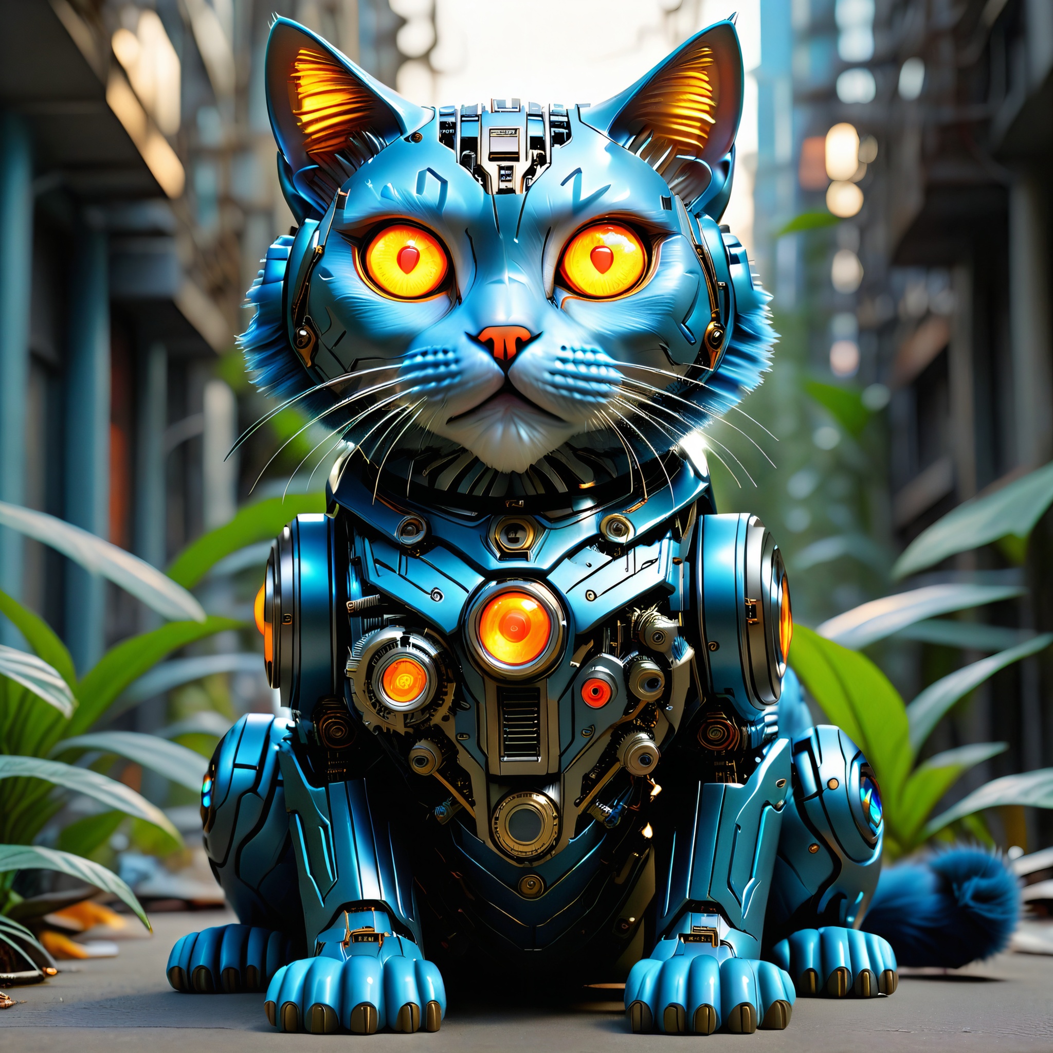 sitting hybrid full bio-mechanical cat with blue plastic fur and orange glowing camera eyes in the streets of a futuristic mega city in the jungle