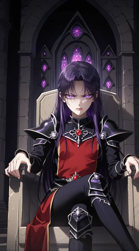 score_9, score_8_up, score_7_up,source_anime,
 <lora:Medea_Solon__Your_Throne__Manhwa:0.9> MedeaSolon, purple eyes, purple hair, mole under eye, long hair,
1girl,
dark, [black background::0.15],
evil castle, dark stone wall, throne room, 
black armor, red tabard, 
(angry:0.8),glaring, 
closed mouth, 
crossed legs,