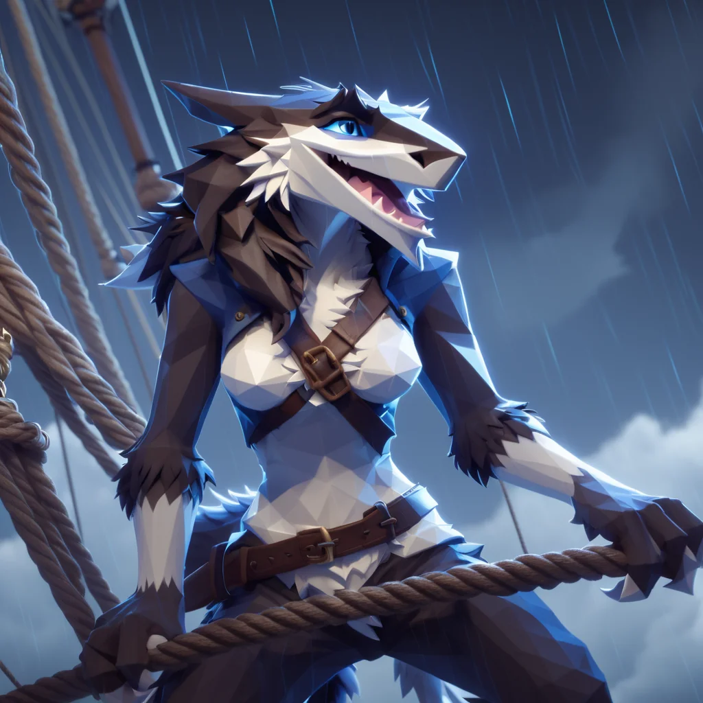 low-poly style medium shot portrait of a fluffy sergal pirate climbing the rigging of her ship during a raging storm, black fur, white fur, blue eyes, dramatic lighting, lightning flash<lora:Sergal-XL-1.0-000014:1> . low-poly game art, polygon mesh, jagged, blocky, wireframe edges, centered composition