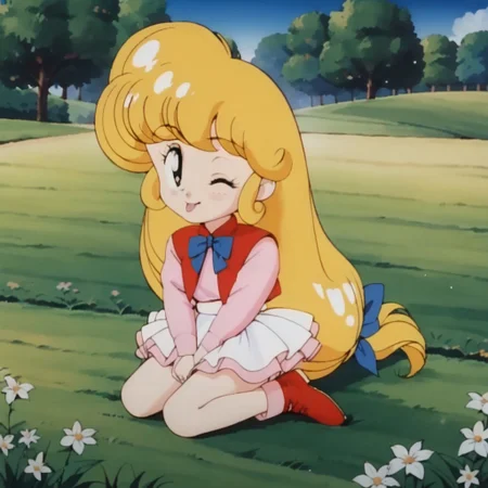 score_9, score_8_up, score_7_up, BREAK, solo, adorable, marybell, long hair, blonde hair, low-tied long hair, skirt, bow, one eye closed, tongue, retro style, grass, trees, sunlight, shadows, natural lighting,