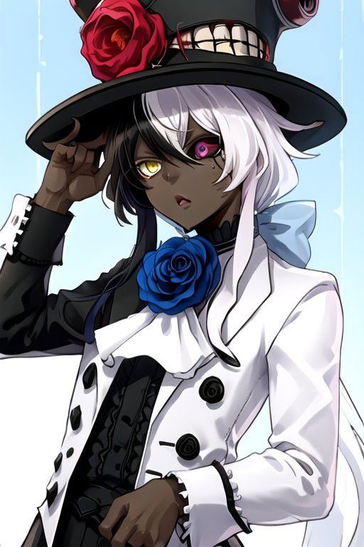 shiromi, hat, dark skin, yellow eyes, heterochromia, white hair, flower, long hair, blue flower, multicolored hair, black hair, top hat, blue rose, rose, 1boy, black headwear, dark-skinned male, formal, purple eyes, black sclera, cracked face, colored sclera