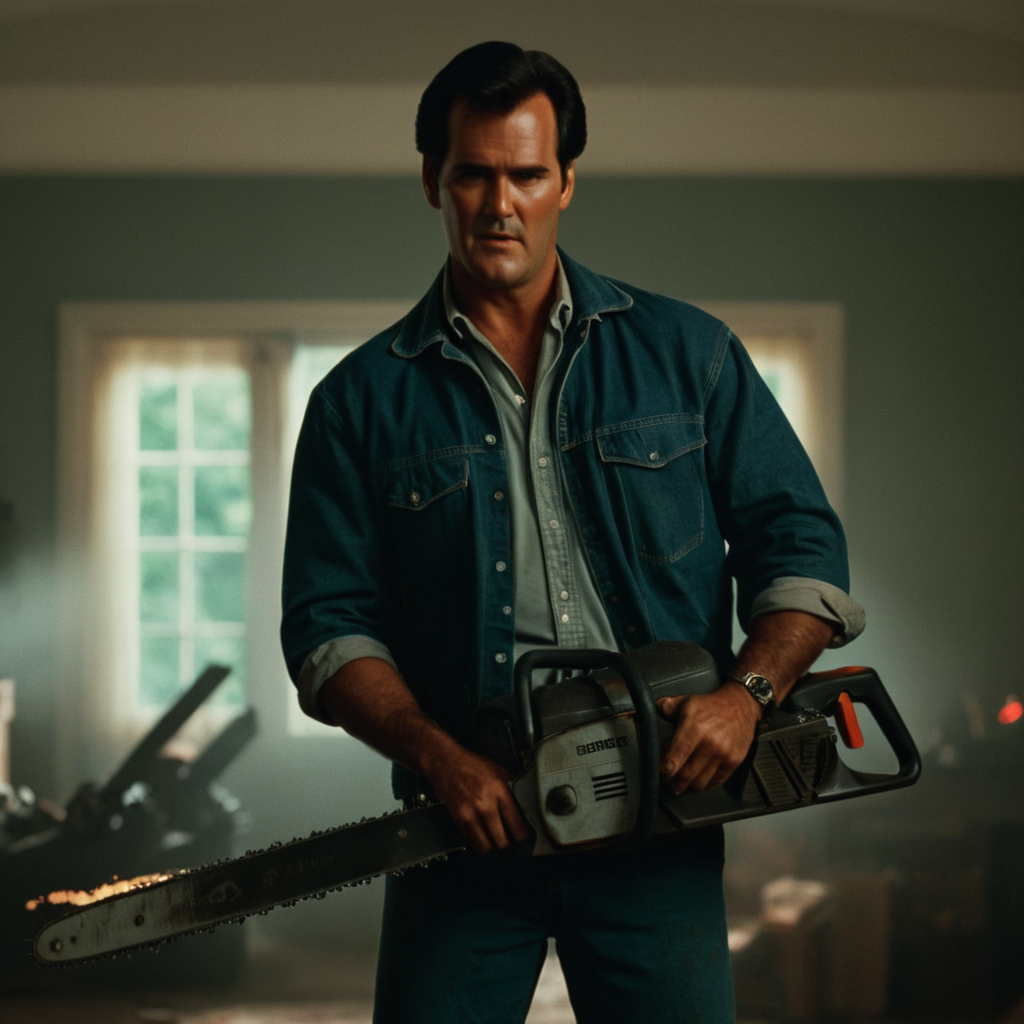 cinematic film still of  <lora:1980's style:1>
In the 1980's Bruce Campbell a man holding a chainsaw in a room,solo,black hair,1boy,weapon,male focus,gun,chainsaw , realistic,realism, detailed, perfection,perfect,filmic,retro,vintage,classic,different haircut,different look,different style,different people, 1980's style , 1980 style, shallow depth of field, vignette, highly detailed, high budget, bokeh, cinemascope, moody, epic, gorgeous, film grain, grainy