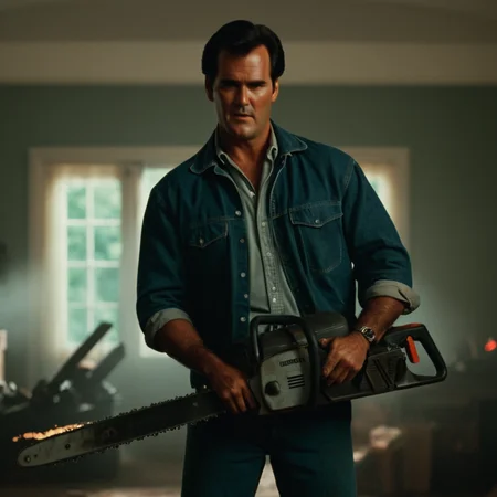 cinematic film still of <lora:1980's style:1>
In the 1980's Bruce Campbell a man holding a chainsaw in a room,solo,black hair,1boy,weapon,male focus,gun,chainsaw , realistic,realism, detailed, perfection,perfect,filmic,retro,vintage,classic,different haircut,different look,different style,different people, 1980's style , 1980 style, shallow depth of field, vignette, highly detailed, high budget, bokeh, cinemascope, moody, epic, gorgeous, film grain, grainy