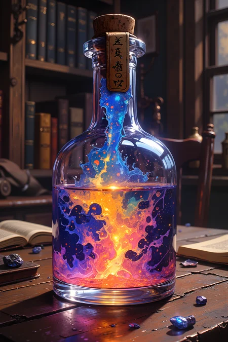 A delicate glass bottle, seemingly made of liquid crystal, sits atop an aged wooden table, its contents swirling with an iridescent, prismatic liquid. The fluid inside moves like living silk, changing colors with each slow, undulating motionâfirst deep sapphire, then molten gold, then a luminous pink that glows like a sunset trapped in a bottle. Tiny flecks of stardust float within, shifting in mesmerizing patterns as though dancing to an unheard rhythm. The wax seal on the bottleâs neck is carved with arcane symbols, glowing faintly as if infused with magic. A single droplet clings to the lip, reflecting the entire spectrum of colors in miniature before falling onto the table, where it evaporates instantly in a flash of violet light. The background is blurred, hints of alchemical tools and open books suggesting an ancient study filled with forgotten knowledge. The air around the bottle shimmers faintly, as though reality itself is bending to the presence of its potent magic. The bottle pulses gently, as if alive, waiting for the moment its secret will be unleashed. , detailed background Fantastic lighting. Detailed shadows.intricate details, vivid colors, hyper-detailed, ultra-sharp, , <lora:RetroAnimeFluxV1:0.4> <lora:Vintage comic book:0.7> <lora:MoriiMee_Gothic_Niji_Style_FLUX:1.0>