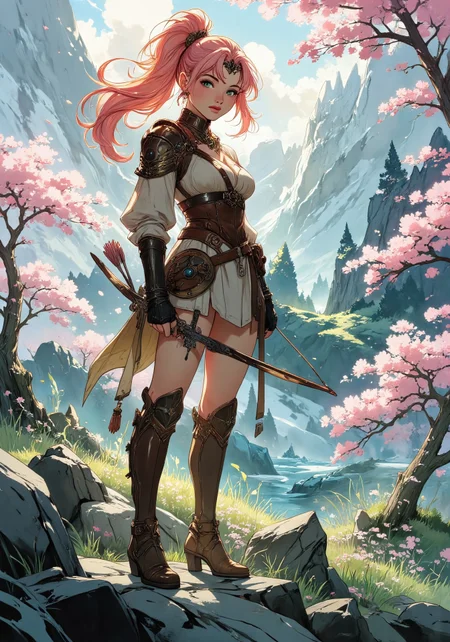 Anime art, Full-length, gorgeous fantasy warrior, long pink hair in a high ponytail, tiara, tight brown leather armor, standing on a hill. Full, high breasts, tight waist, round thighs, green eyes, no blush. Backdrop of fantasy highlands in spring, bright and growing spring colors with patches of snow, icy lakes and wooded areas, full of blossoming cherry trees, topknot ponytail hairstyle, diffused lighting, determined facial expression, intricate armor details. holding a bow, arrow quiver on back. <lora:aidmaMJ6.1_v0.5_3:0.5>, <lora:Anime Art V3_Flux:0.5>, <aidmamj6.1>, <painted world>