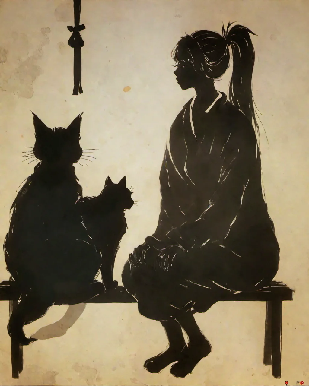 <lora:niohstorytelling-step00000400:1>,niohstorytell,silhouete of a woman sitting next to a cat