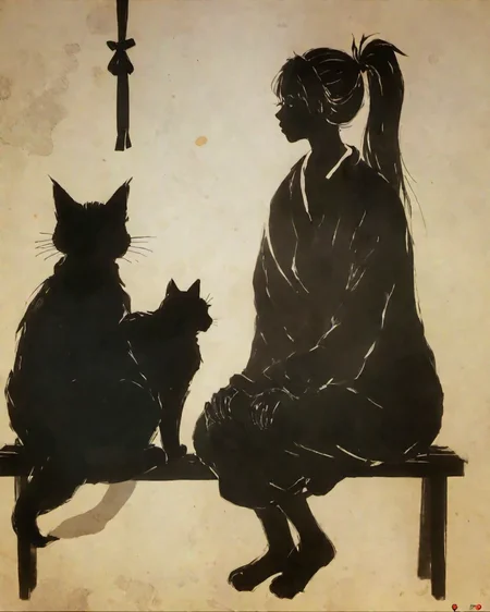 <lora:niohstorytelling-step00000400:1>,niohstorytell,silhouete of a woman sitting next to a cat