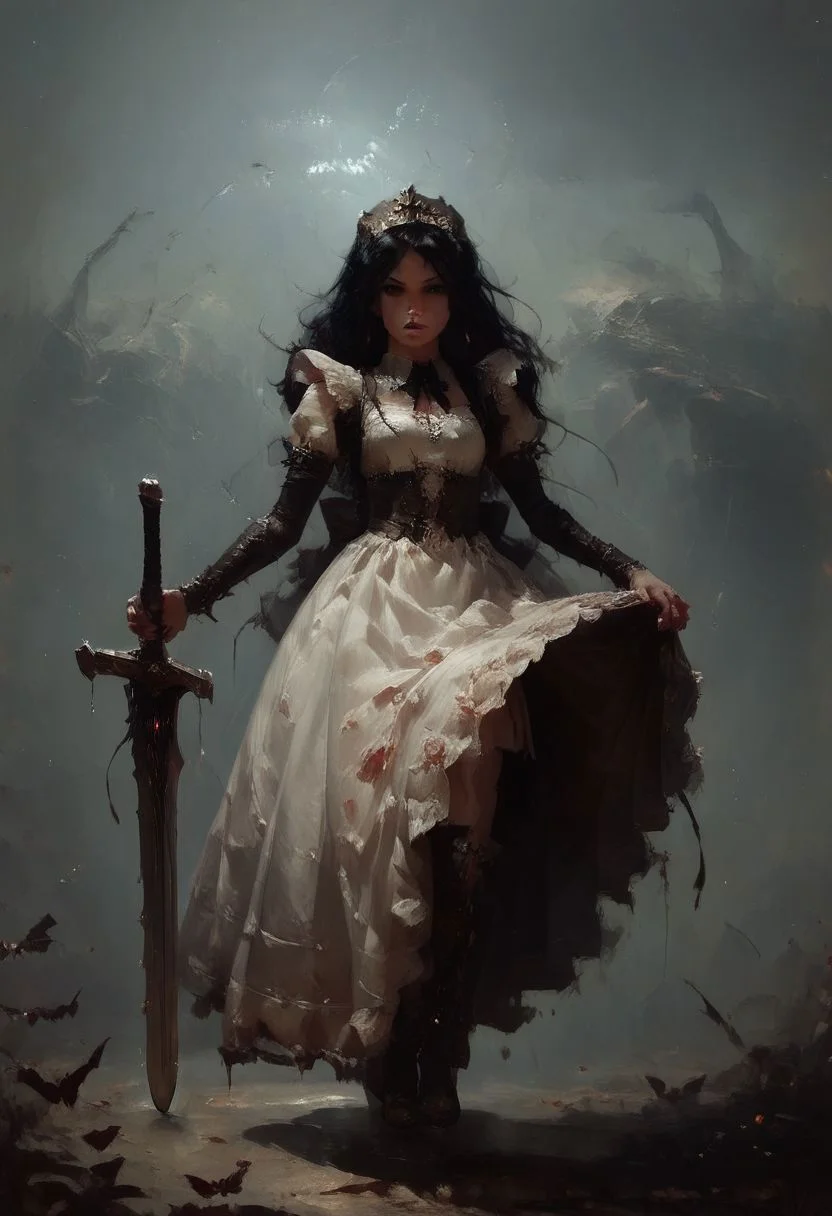 score_9, score_8_up, score_7_up, 1girl, giant sword, thick blade, light armor, dress, maid, shortstack, dainty,
BREAK waste land background, discard swords background, battlefield, <lora:pony/twilight_style:0.8> <lora:pony/expressiveh:0.8> expressiveh <lora:pony/vixon_gothic_oil_style:0.7> d4rk01l <lora:sdxl/sinfully_stylish_sdxl>