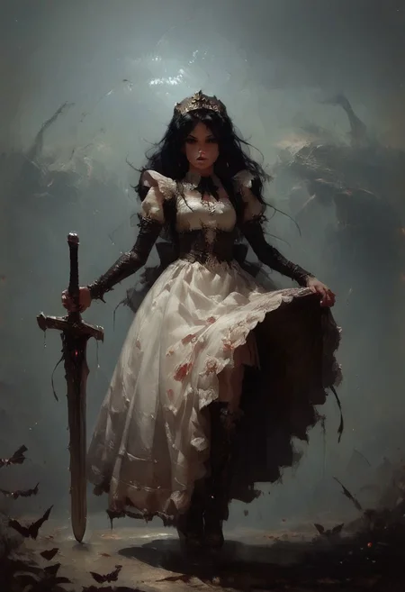 score_9, score_8_up, score_7_up, 1girl, giant sword, thick blade, light armor, dress, maid, shortstack, dainty,
BREAK waste land background, discard swords background, battlefield, <lora:pony/twilight_style:0.8> <lora:pony/expressiveh:0.8> expressiveh <lora:pony/vixon_gothic_oil_style:0.7> d4rk01l <lora:sdxl/sinfully_stylish_sdxl>