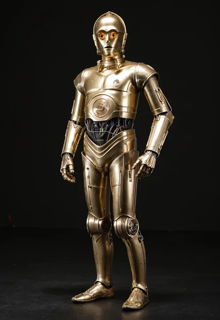score_9_up, score_8_up, score_7_up, realism, 
1boy, c3po, android, robot male, golden metallic skin, golden eyes, black midriff with wiring, one silver leg, solo,standing, arms wide, curious  looking at viewer, standing, full body, front view, 
indoor, in a photostudio, black walls, day time, best quality, dynamic pose, masterpiece, natural lighting, lots of details, high resolution, 8K, colorful, dynamic shot, black background,