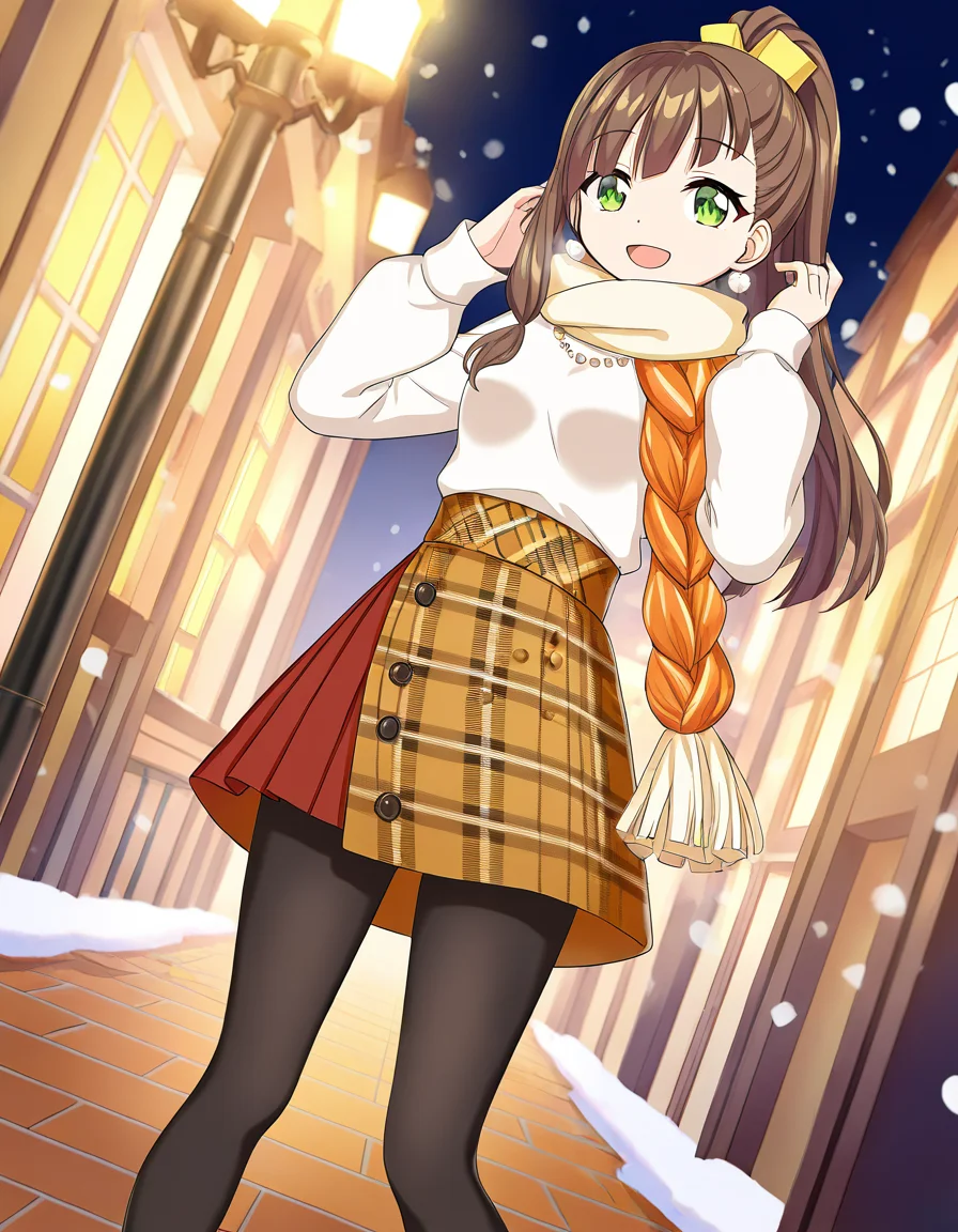 masterpiece, best quality, newest, absurdres, highres, safe, 1girl, awane kokoro \(winter costume\), magia record: mahou shoujo madoka magica gaiden, pantyhose, solo, open mouth, snowing, outdoors, dutch angle, <lora:awane_kokoro_noobaiXLNAIXL_vPred10Version:0.7>