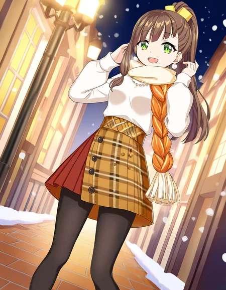 masterpiece, best quality, newest, absurdres, highres, safe, 1girl, awane kokoro \(winter costume\), magia record: mahou shoujo madoka magica gaiden, pantyhose, solo, open mouth, snowing, outdoors, dutch angle, <lora:awane_kokoro_noobaiXLNAIXL_vPred10Version:0.7>