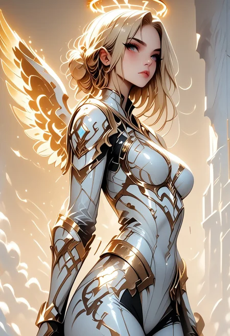 score_9, score_8_up, score_7_up, (Western Comics), a full body image of a sexy mechangel girl, caucasian, seductive, (glowing wings), solo, glowing armor, glowing halo, glowing mechanical 4 wings (hyperdetailed:1.15), detailed, light passing through hair, (ultra detailed, high quality texture), (sharp), (artistic image), 32K, 4K, ULTRA HD, small waist, large breasts, tight white bodysuit with, crop: -5, (3/4 portrait), wide view, ((her whole head and hair is visible)), zoomed out, (wings completely visible), (from thighs and up), wings folded along her body, cowboy shot, angelify, (monochrome background), (nothing in background), plain background, Long blonde hair in Double Bun, wings fully visible, she is equipped with a runesword