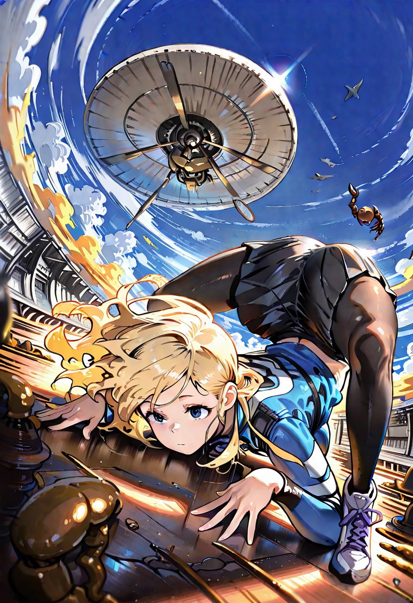 INKTA_ST, WALLPPR_ST, detailed background, best quality, very aesthetic, high resolution, ultra-detailed, absurdres, newest, detailed eyes, beautiful, perfect lighting, hi res, amazing quality, very awa, painting_(artwork), dynamic angle, dynamic pose, SKRPN_P0S3, scorpion_pose, top-down bottom-up, ass, knees focus, 1girl, aircraft, airplane, long hair, cloud, outdoors, blue jacket, flying, blue sky, sneakers, shoes, bird, day, wide shot, black pantyhose, floating hair, whale, long sleeves, japanese text, scenery, headwear removed, black skirt, blue eyes, pleated skirt, jet, blonde hair, from side, vehicle focus, (((SKRPN_P0S3, scorpion_pose:2.1)))