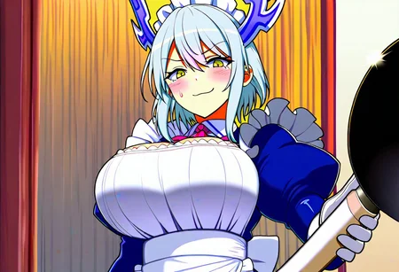highres, best quality, masterpiece, very aesthetic, newest, year_2024, year_2023, year_2022,cell shading,solo,dorugoramon maid,maid dress,dorugoramon wings,wings,maid headdress,yellow eyes,silver hair,horns,smug,holding frying pan,indoors,upper body,kitchen