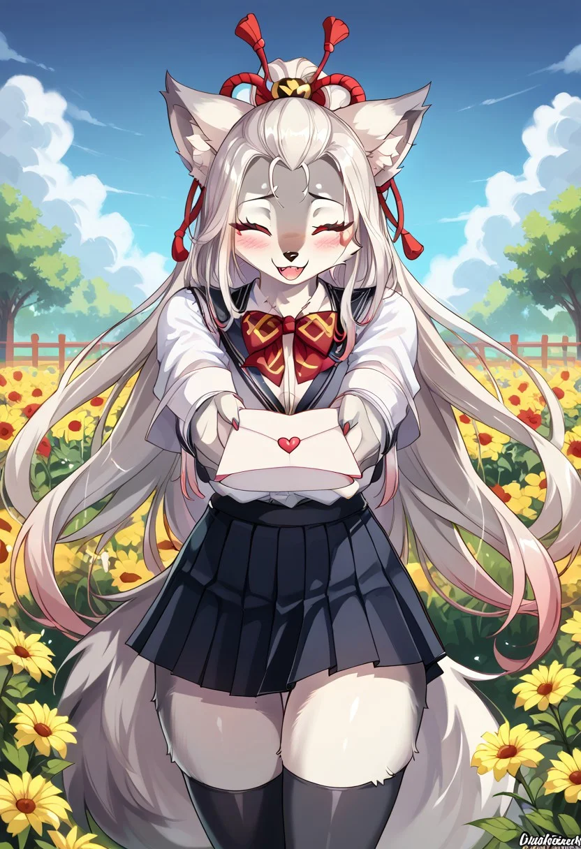 score_10, score_9_up, score_8_up, score_7_up, score_6_up, vibrant colors, shiny_skin, prefect lighting, detailed image, snoozing, masterpiece, best quality, highly detailed, ultra quality, BREAK,
1girl , solo ,, hakuroonmyoji , furry wolf girl ,, huge breasts , curvy ,  thicc , cute ,, detailed face , bedroom eyes , blushing , steam , smiling ,,  School uniform, thigh highs, 
<lora:love-letter-ponyxl-lora-nochekaiser:1>, love letter, heart, valentine, letter, confession, incoming gift, outstretched arms, closed eyes, shouting, 
looking at viewer, detailed background, outdoors, garden, flower field, flower pots, plant pots, tree, cinematic composition, dynamic pose,