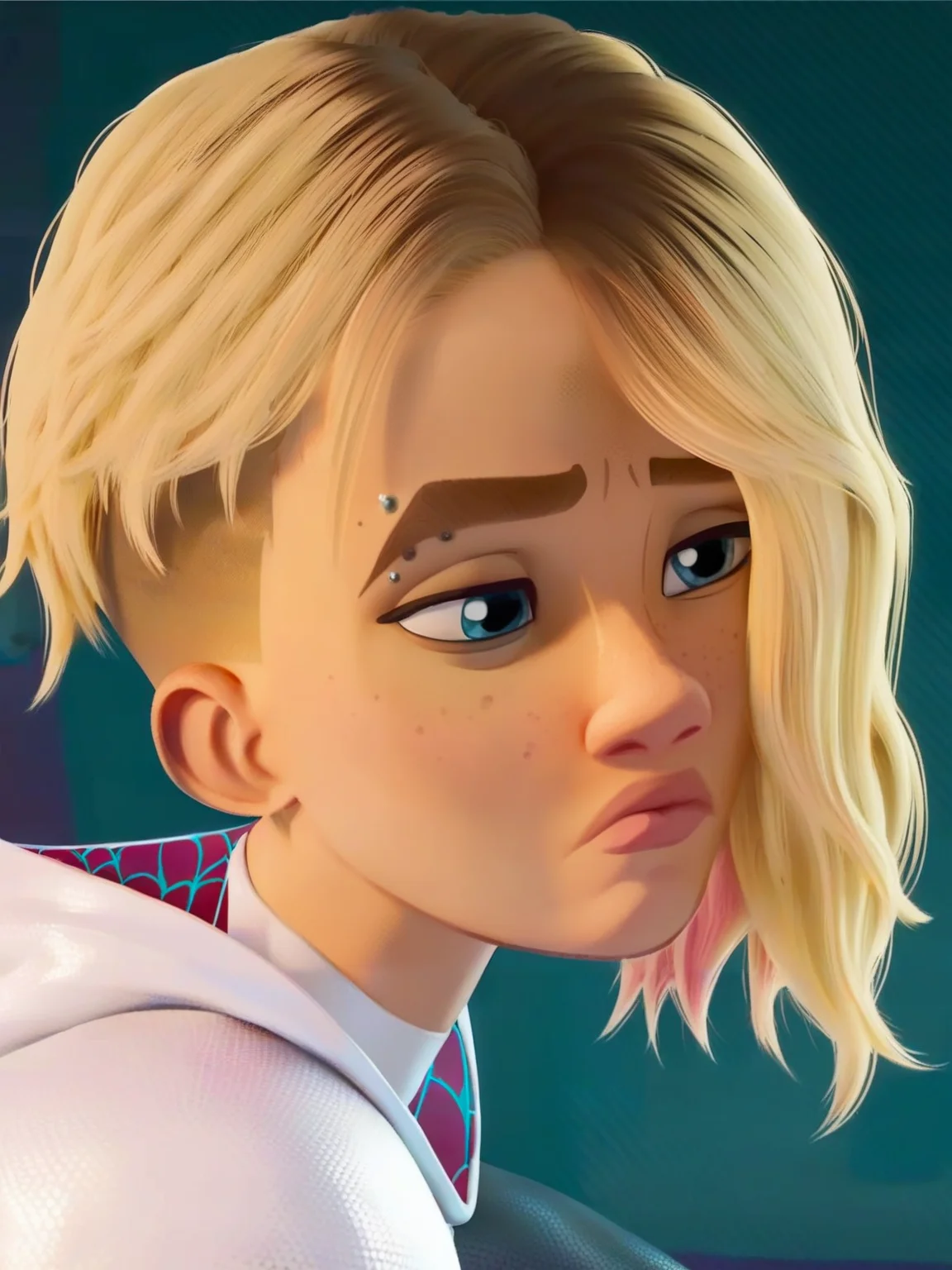 <lora:Gwen_StacyV2:0.9>, g_s, 1girl, blonde, blue eyes, torn superhero suit, sad, score_9, score_8_up, score_7_up,
