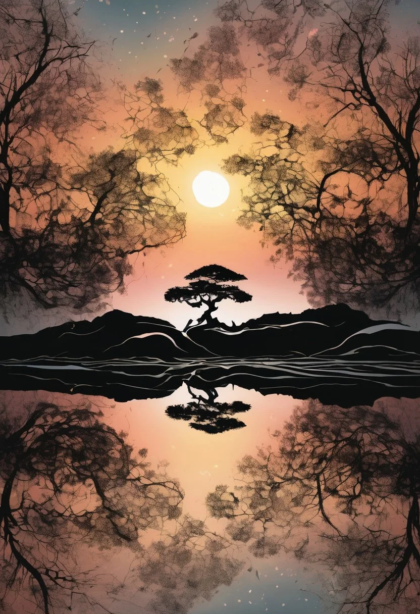 ink illustration,ink stains,ink splatters,ink runs,ink spots,faded ink,dramatic bonsai tree,plant on black reflective surface,sunrise,detailed,amazing natural lighting,earthy pastel colors,weeping for the lost children,symmetrical fractal pattern,linquivera,