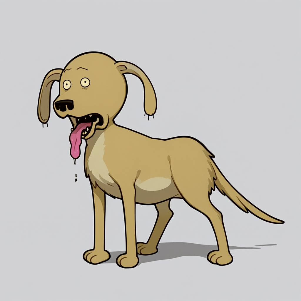 <lora:Stogie_Mission_Hilll:1.4>mh_stogie, yellow_dog, unibrow, bags_under_eyes, tail, tongue, looking at viewer, full_body,, source_cartoon, score_9, score_8_up, score_7_up,
