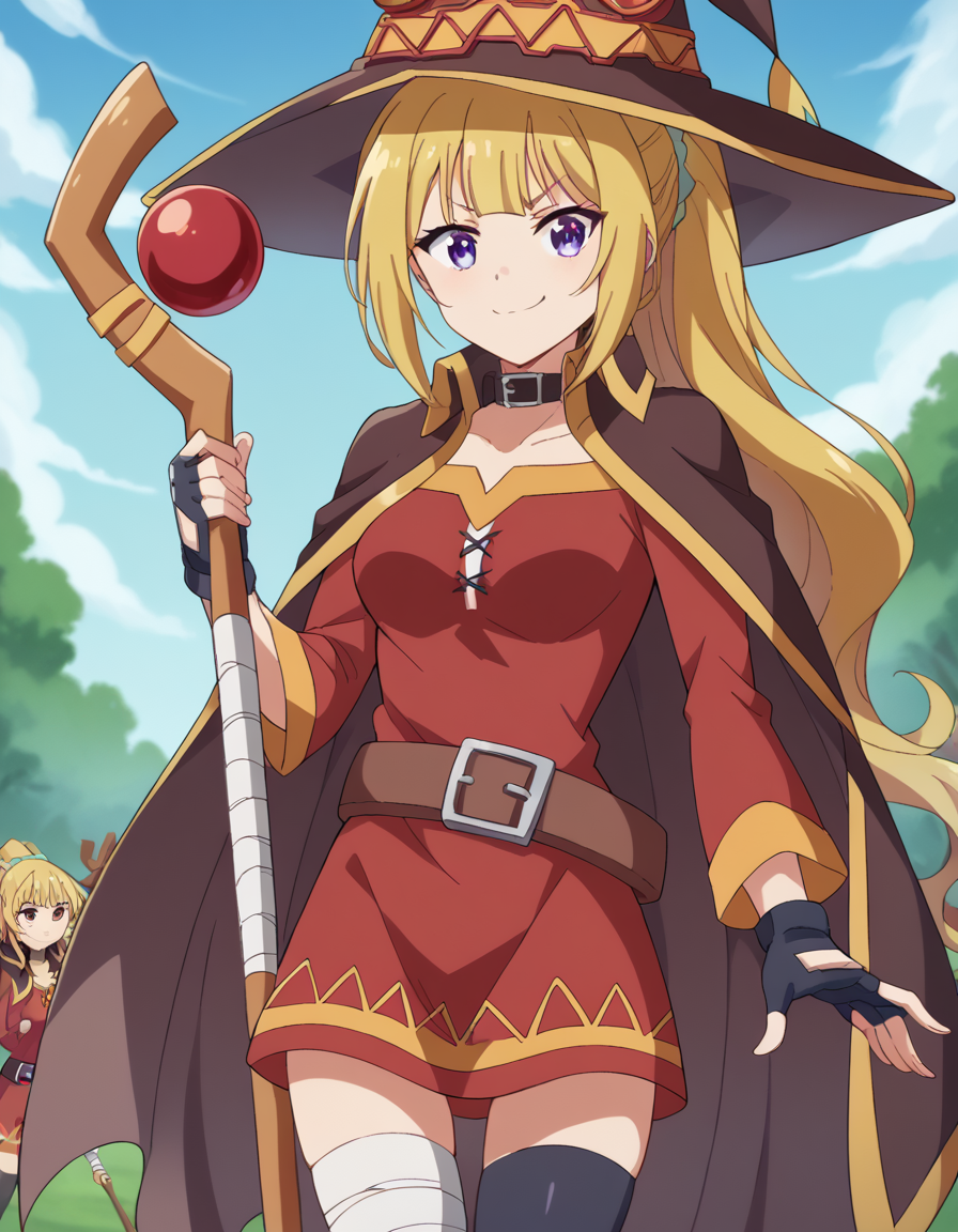 score_9, score_8_up, score_7_up, source_anime, keikaruizawa, <lora:kei-karuizawa-anime-s2-ponyxl-lora-nochekaiser:1>, kei karuizawa, long hair, bangs, blunt bangs, purple eyes, blonde hair, hair ornament, ponytail, scrunchie, blue scrunchie, medium breasts,, <lora:megumin-cosplay-ponyxl-lora-nochekaiser:1>, megumin cosplay, megumin (cosplay), thighhighs, gloves, hat, dress, black gloves, belt, black thighhighs, fingerless gloves, cape, collar, witch hat, bandages, red dress, single thighhigh, asymmetrical legwear, bandaged leg,, staff, holding staff, smug, outdoors, looking at viewer, cowboy shot,