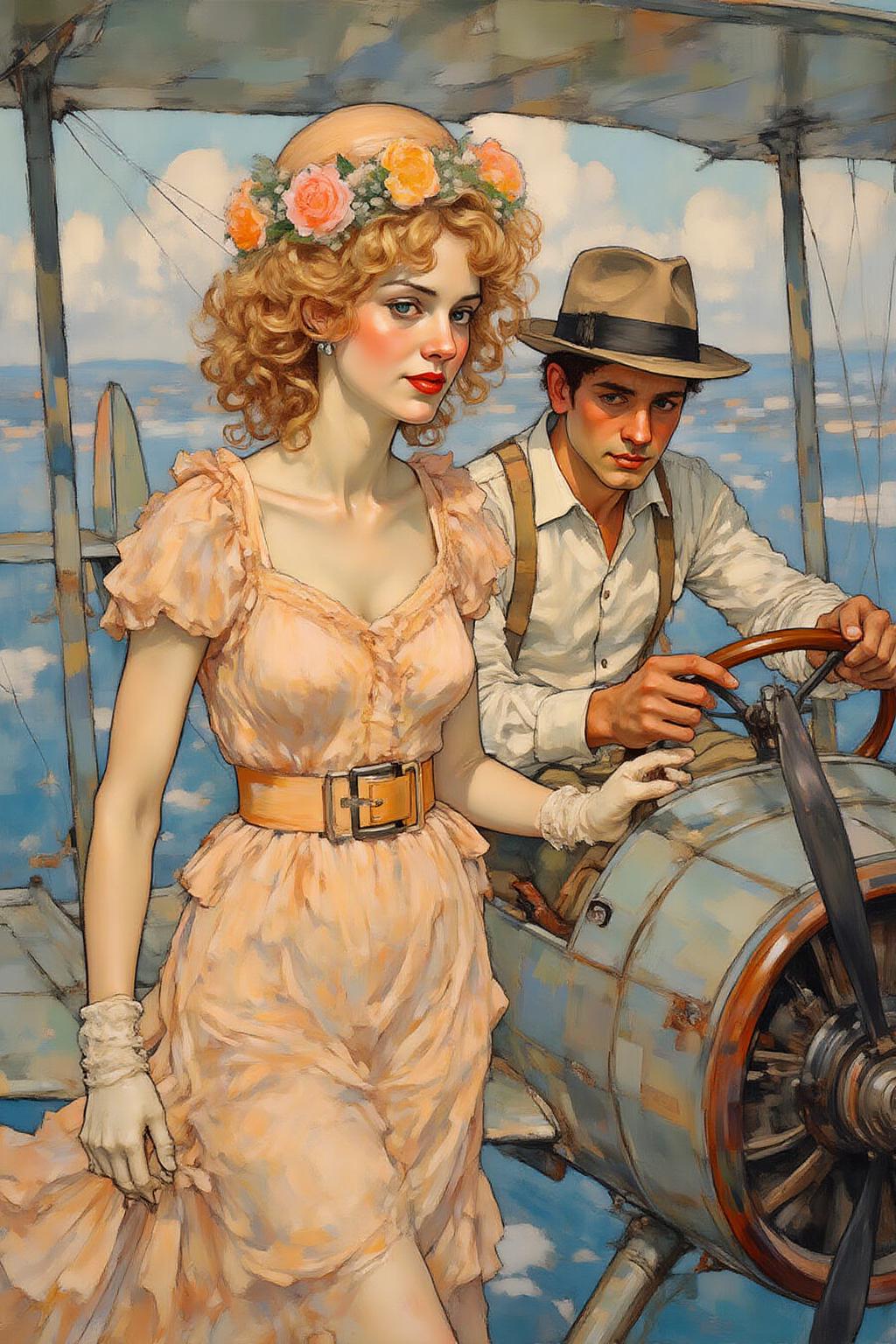 kaoruyamada1 painting.
A romantic scene of a couple on a vintage biplane. The woman, in the foreground, is a stylish woman with curly blonde hair adorned with a flower garland and wearing a light, flowing, peach-colored dress with a wide belt, a matching hat, and gloves. The man is piloting the biplane with his hands firmly on the steering wheel. <lora:kaoruyamada1_f16e9:1.0><lora:868883327115910124:0>