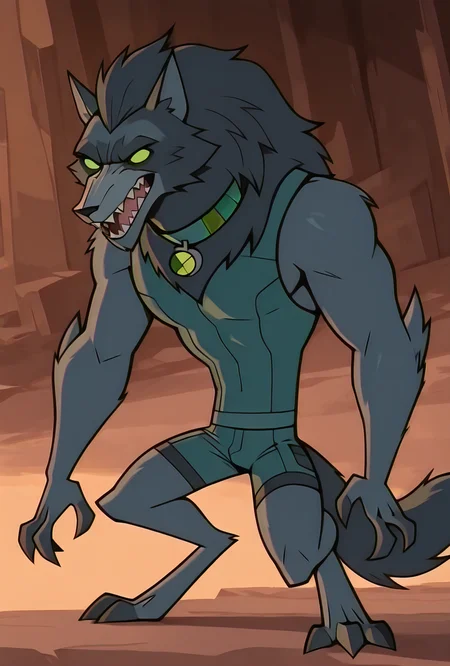 <lora:blitzwolfer-07:1> blitzwolfer, solo, 1boy, furry, tail, green eyes, black claws, wolf, mane, fluffy mane, sharp teeth, green swimsuit, sleeveless, green collar, black head, light grey snout, feral, <lora:Total_Drama_Island_Illustrious_SD8:1>, masterpiece, best quality, amazing quality, very aesthetic, absurdres, newest,