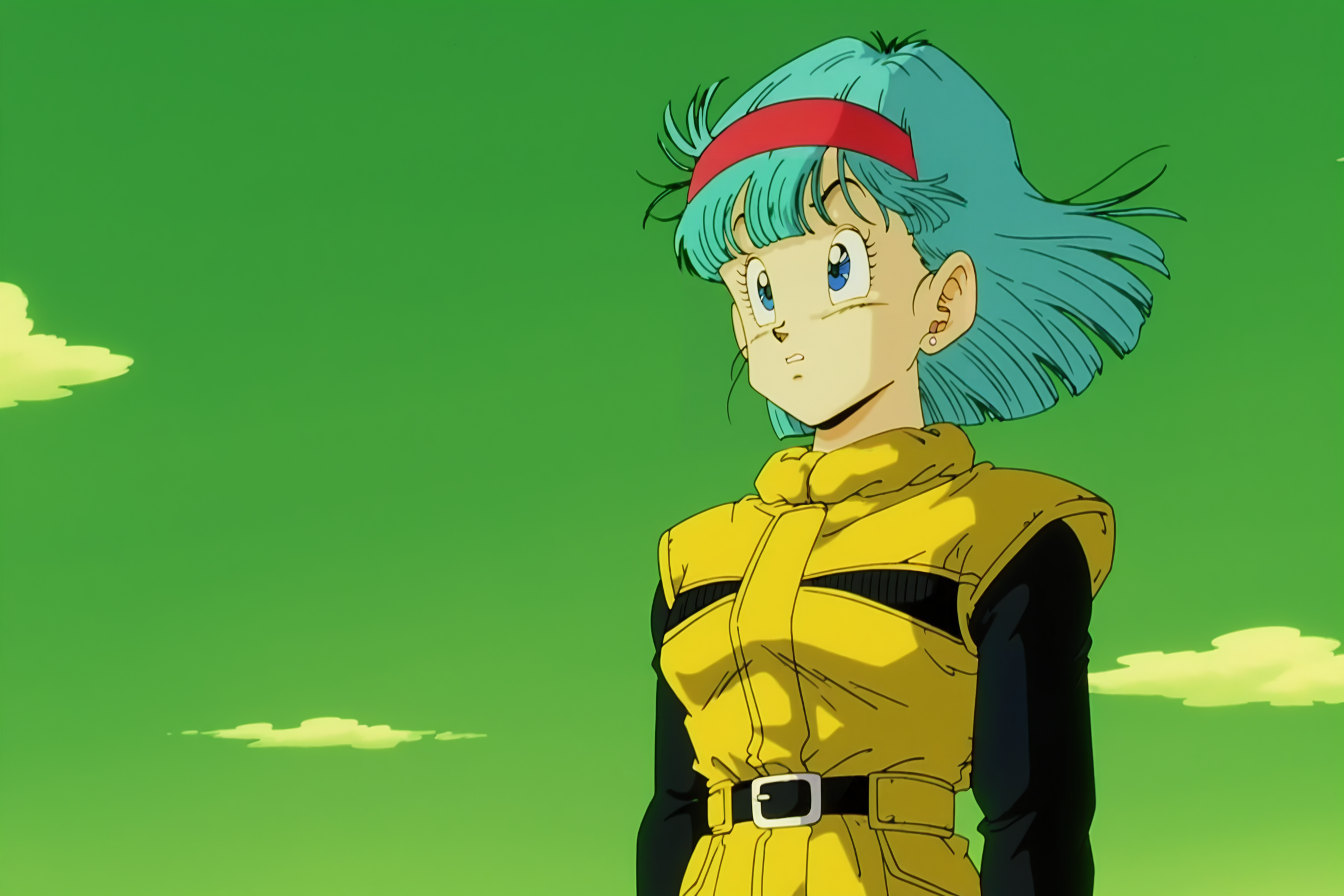 anime screencap, absurdres, high quality,
bulma, dbz, namek outfit, namek saga, 1990s \(style\), anime coloring, retro artstyle, 1girl, solo, blue eyes, surprised, aqua hair, bangs, upper body, looking afar, stud earrings, belt, red hairband, worried, yellow jacket, wind lift, wind, two tone jacket, planet namek, shoulder pads, sleeveless jacket, eyelashes, fingernails, black undershirt, long sleeves, short hair,  green sky, outdoors, 
 <lora:Bulma_IL:0.8>