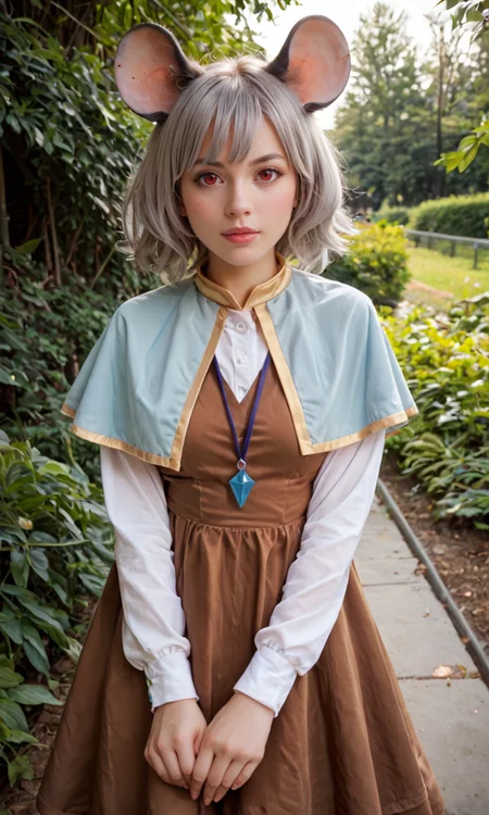 score_9, score_8_up, score_8, score_9, 1 girl,  source_anime, nazrin, mouse ears, red eyes, mouse tail, grey hair, capelet, brown dress, white sleeves, [pendant],  <lora:nazrin_pony-10:1.0>, photo, cosplay, model, outdoors, small breasts
