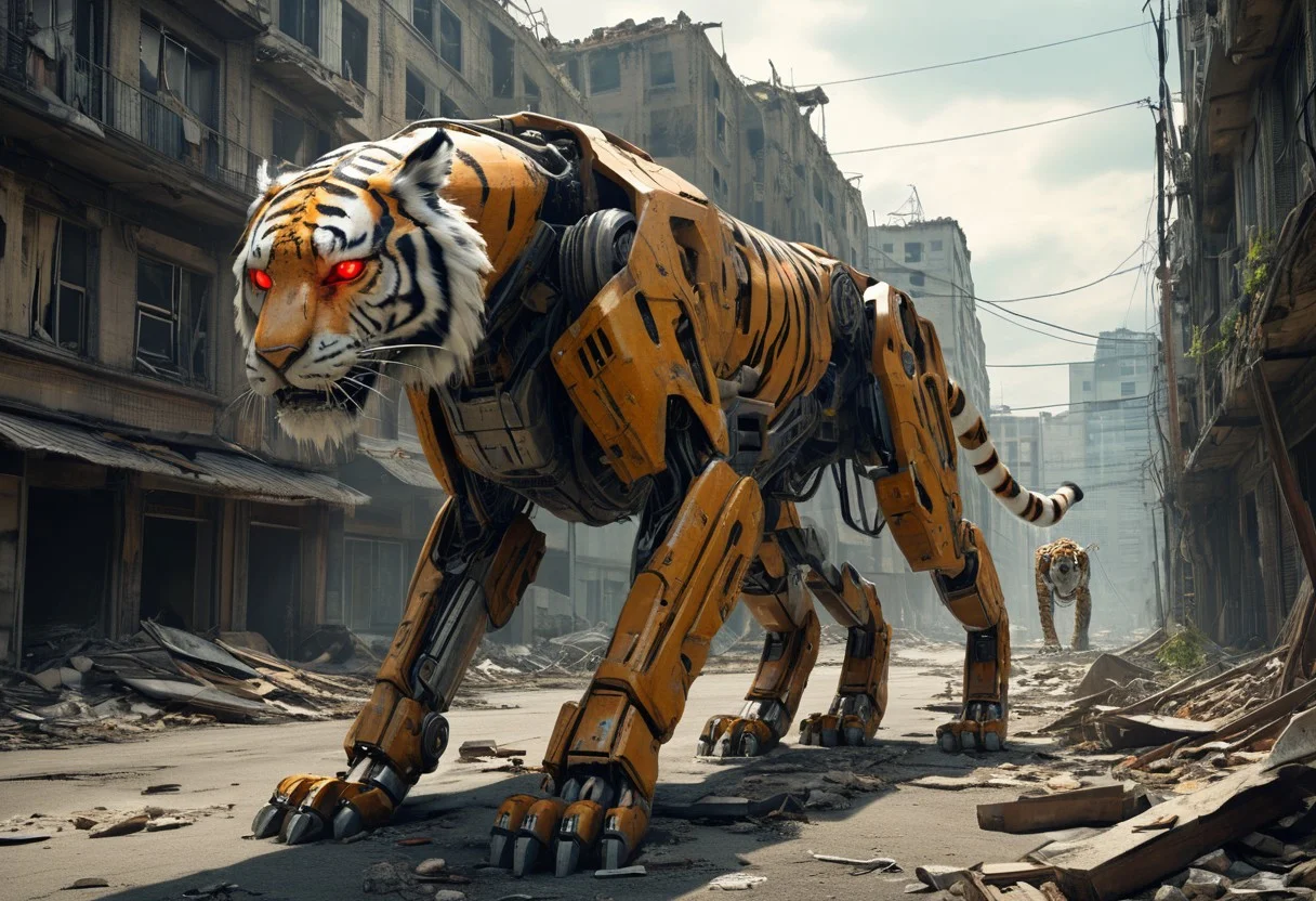 masterpiece, best quality, good quality, a giant robotic tiger walks the streets of a crumbling city. Science fiction, tiger, robot joints, no humans, glowing, red eyes, surreal, cinematic, natural lighting, city, street, mecha, rubble, crumbling building, overgrown, nature reclaiming an abandoned city, cityscape, post apocalypse,
