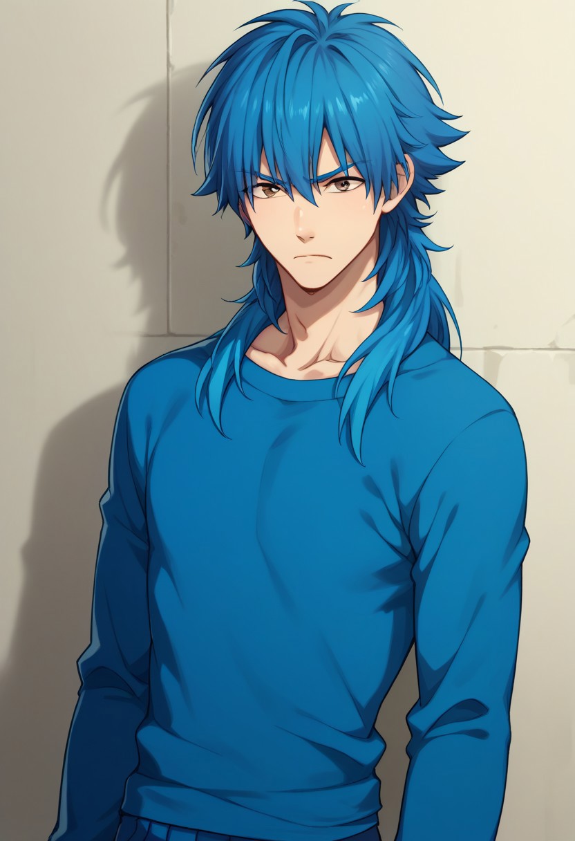 score_9, score_8_up, score_7_up, source_anime, highly detailed, 
aoba, 1boy, male focus, solo, brown eyes, blue hair, long hair, shirt, blue shirt, long sleeves, frown
indoor,