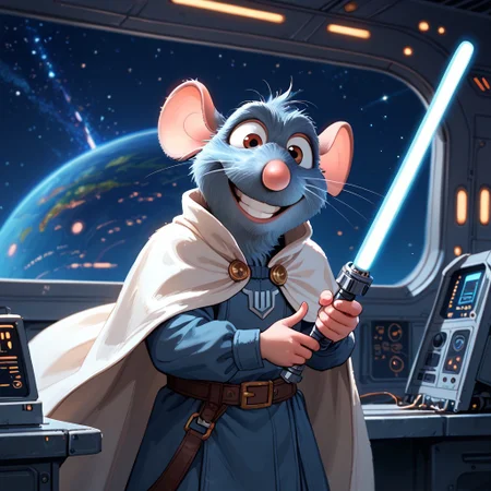 (score_9, score_8_up, score_7_up, score_6_up) Remmyrt, mouse, armor, jedi tunic, white cloak, smug, grin, holding, lightsaber, science fiction, spacecraft interior, viewport, starry sky