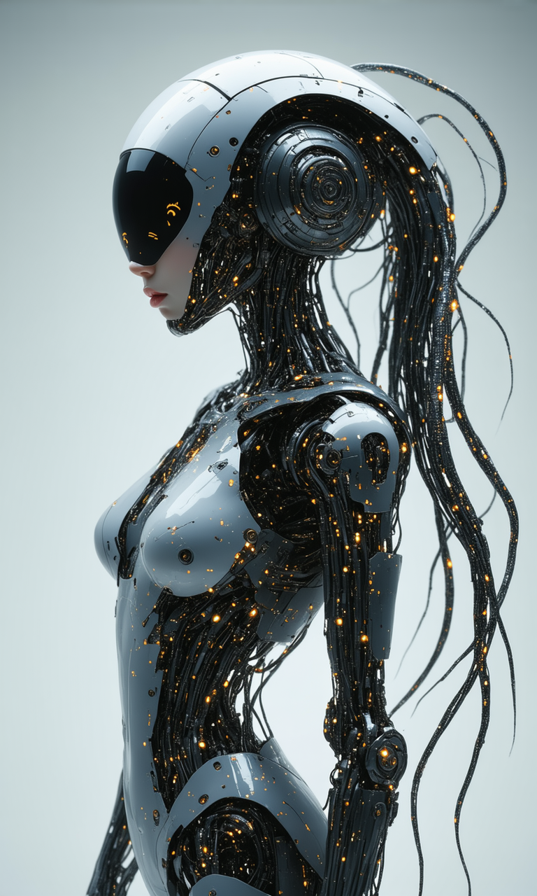 a full-lenght cinematic photography of a surreal cyborg deity. This Cyborg has the upperbody of a female woman with the Torso being replaced by many tentacles that are crafted out of fine titanium wirtes that are adorned with LEDs. The Skin of this cyborg is crafted from handmade irinium-alloy that shimmers and is half-transparent, forge-welded with ironbolts. The Face is replaced with a holographic black display that shows cute emoji. The different components of the body are joint together with rotating 360 Degree Gears. ultrarealistic and detailed. 8K