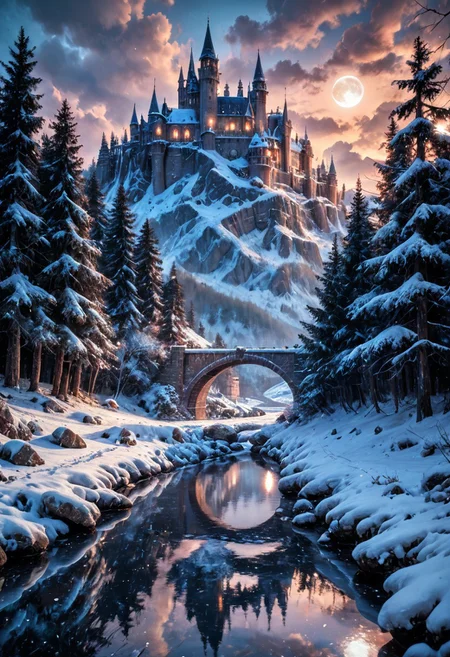 score_9, score_8_up, score_7_up,moon Night
scenery, outdoors, tree, no humans, sky, day, reflective water, snow, cloud, blue sky, water, building, winter, bridge, bare tree, river, mountain, Castle, winter, reflection, Iced river, high detailed , extremely detailed, caustics, dynamic lighting, fisheye lens, hyperrealistic, no humans, very wide shot, moon Night
<lora:Fant5yP0ny:0.5> <lora:cfg_scale_boost:0.4>