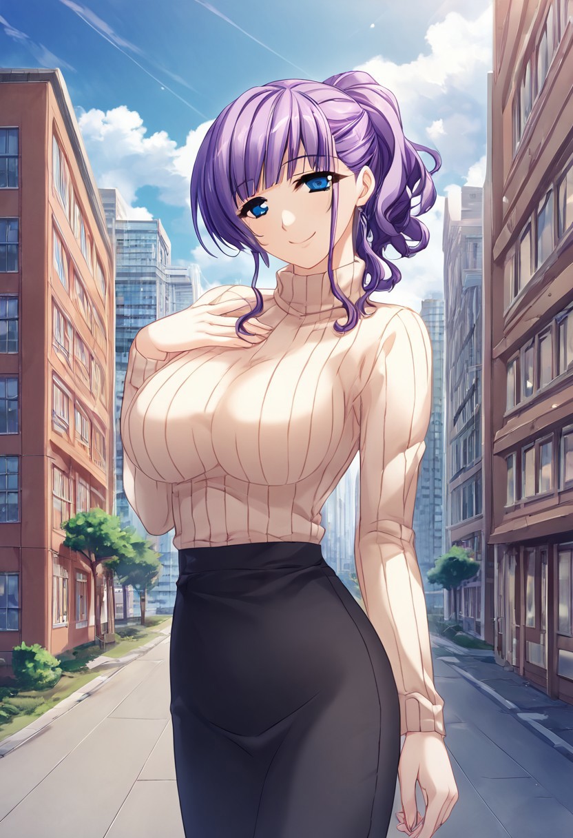 score_9,score_8_up,score_7_up,source_anime,5_figner,2d_animation,game cg,BREKE,1girl,solo,
Hayasaka Natsuko,
Blunt Bangs, Sidehair, Violet hair, Wavy ponytail,Blue Eyes,
black Skirt,Sweater,
large breasts,front view,smile,cowboyshot,standing,
outdoor,cuty,building,skyscraper,cloud,
masterpiece,best qualit,ultra-detailed,illustration,an extremely delicate and beautiful,beautiful detailed eyes,unity 8k wallpaper,high resolution,anime CG,official_art,